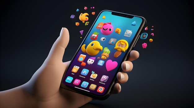 Una representación 3D de una mano agarrando un teléfono con emoji comentario amor como y jugar iconos