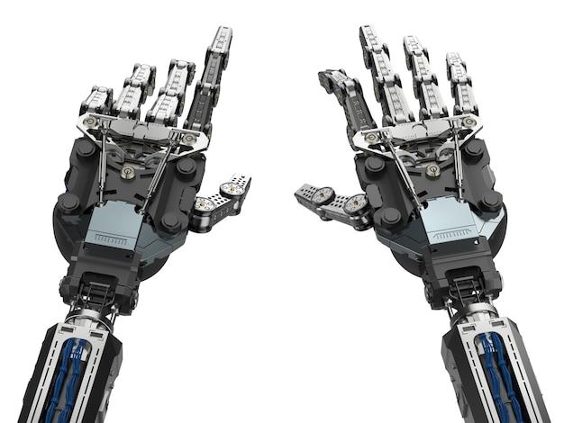Representación 3D de la mano del cyborg al escribir o tocar el piano gesto aislado en blanco
