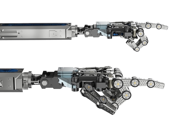 Representación 3d de la mano del cyborg o el punto del dedo de la mano robótica aislado en blanco