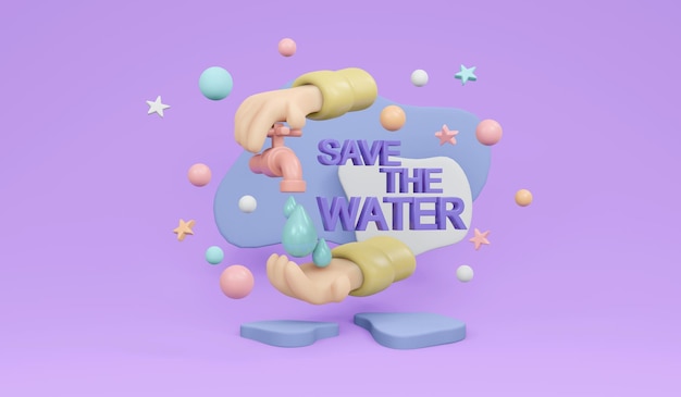 Representación 3D de la mano deja de correr la gota de agua del grifo en el concepto de campaña de carteles de fondo salvar el día del agua en el cartel de marzo Ilustración de representación 3D estilo de dibujos animados mínimo