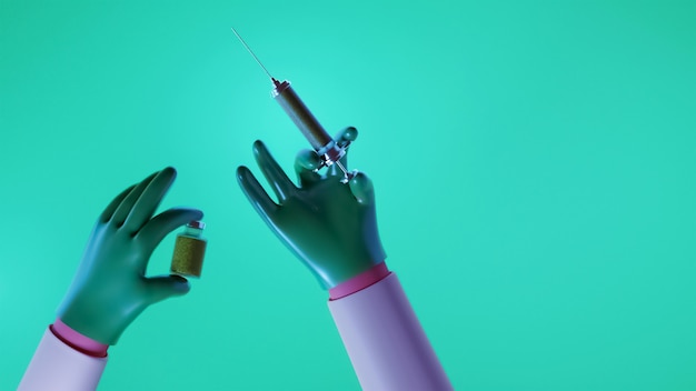 Representación 3D de la mano del doctor sosteniendo la vacuna sobre fondo verde con espacio de copia.