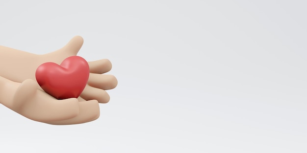 Representación 3D de la mano con forma de corazón y espacio de copia aislado en el concepto de fondo blanco del día de San Valentín, expresión de amor, apoyo social y donación. Estilo de dibujos animados de ilustración de procesamiento 3D.