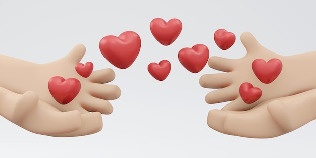 Representación 3D de la mano con forma de corazón y espacio de copia aislado en el concepto de fondo blanco del día de San Valentín, expresión de amor, apoyo social y donación. Estilo de dibujos animados de ilustración de procesamiento 3D.