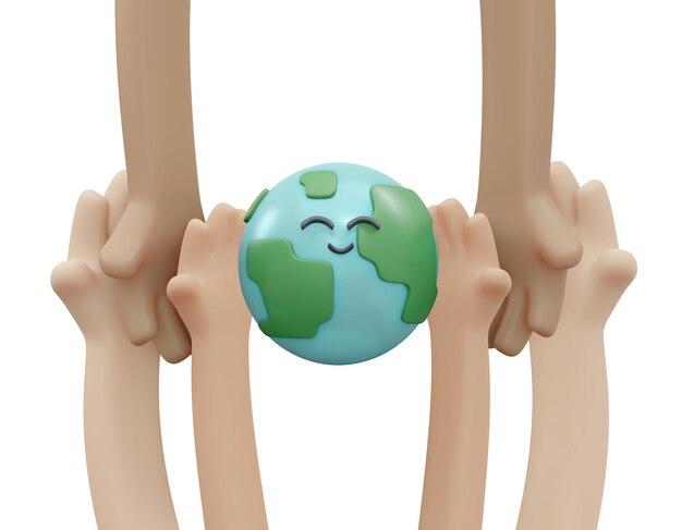 Representación 3D de la mano que sostiene el concepto de icono de tierra sonriente feliz del Día Mundial del Medio Ambiente cartel de tarjeta de banner de fondo 3D Render estilo de dibujos animados de ilustración