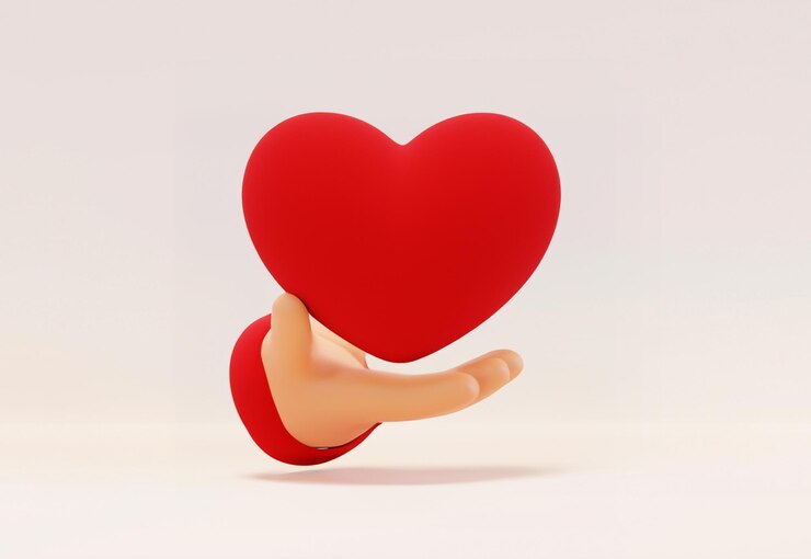 Representación 3D de la mano que sostiene el corazón rojo