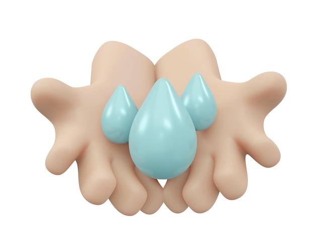 Representación 3D de la mano que sostiene la gota de agua aislada en el concepto de fondo blanco salvar el día del agua en marzo Ilustración de representación 3D estilo de dibujos animados mínimo