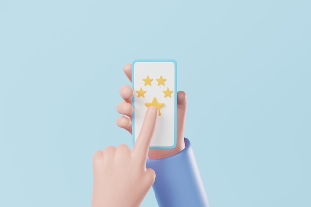 Representación 3D de la mano que sostiene el teléfono inteligente y el dedo eligiendo la estrella sobre fondo azul Concepto de experiencia de revisión del cliente