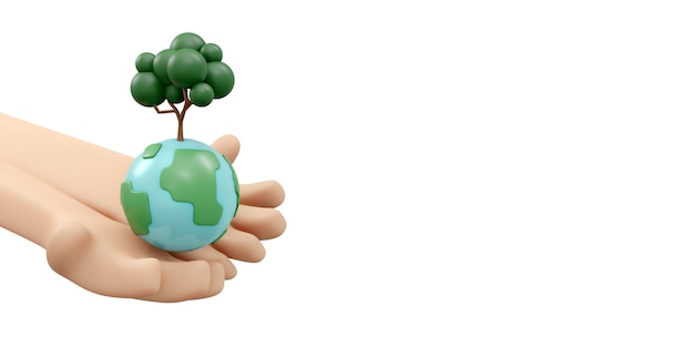 Representación 3D de la mano que sostiene la tierra y el concepto de icono de árbol del cartel de la tarjeta de banner de fondo del Día Mundial del Medio Ambiente 3D Render estilo de dibujos animados de ilustración