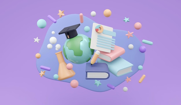 Representación 3D de la mano que sostiene la tierra y elementos de aprendizaje con sombrero de graduación sobre el concepto de educación mundial mundial en línea sobre fondo púrpura Estilo de dibujos animados de ilustración 3D Render