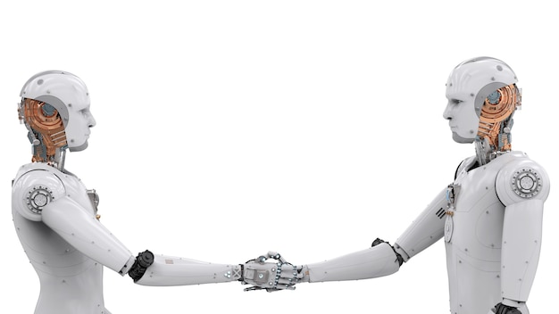 Representación 3D de la mano del robot androide temblando sobre fondo blanco.