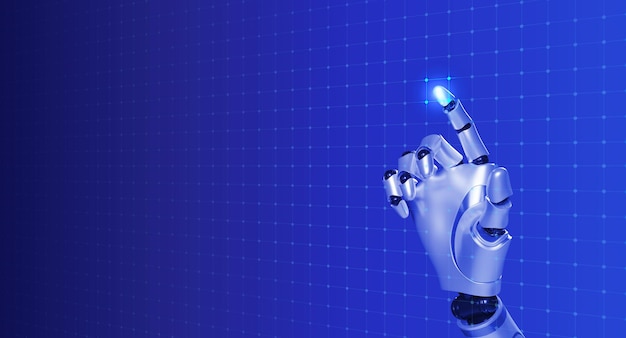 Representación 3d de la mano del robot humanoide inteligente que toca el dedo en un píxel cuadrado en la pantalla de red digital virtual sobre fondo azul con espacio de copia Concepto de tecnología de inteligencia artificial de aprendizaje de IA