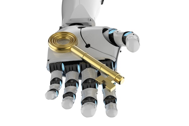 Representación 3D de la mano del robot que sostiene la llave de oro aislada en blanco