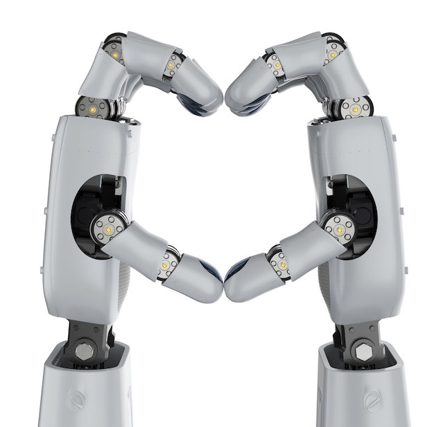 Representación 3D mano robótica o mano cyborg en forma de corazón aislado en blanco