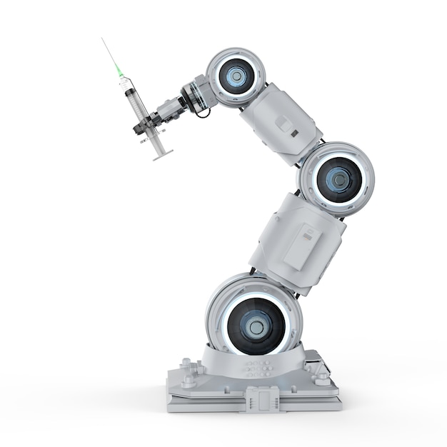 Representación 3D mano robótica sosteniendo la jeringa sobre fondo blanco.