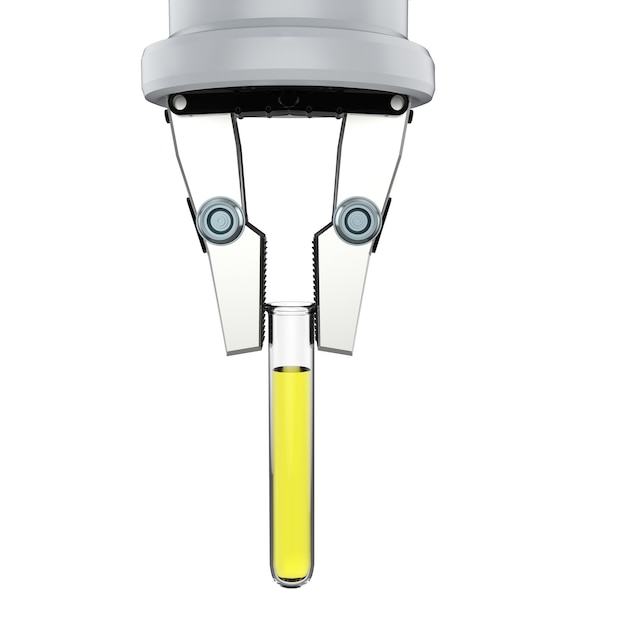 Representación 3D mano robótica sosteniendo el tubo de ensayo con líquido amarillo