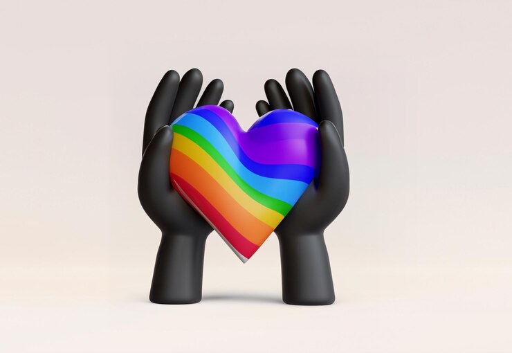 Representación 3D de manos sosteniendo el corazón del arco iris