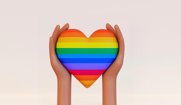 Representación 3D de manos sosteniendo el corazón del arco iris
