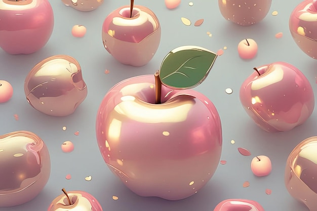 Representación 3D de manzana con hojas rosadas sobre fondo rosa