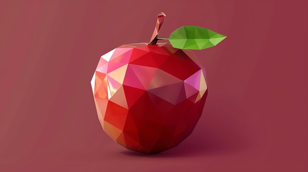 Foto una representación 3d de una manzana roja sobre un fondo rojo sólido la manzana está hecha de polígonos facetados y tiene una hoja verde