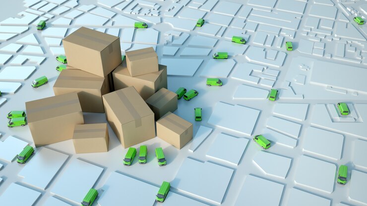 Foto representación 3d de un mapa blanco con camiones verdes circulando y un montón de cartones