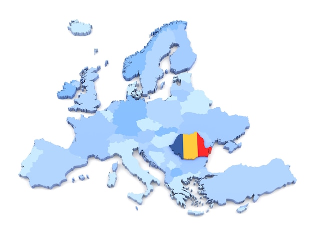 Representación 3D del mapa de Europa, Rumania con bandera