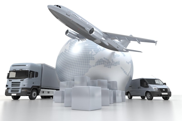 Representación 3D de un mapa mundial, mercancías, un camión y un avión