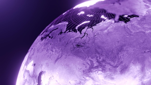 Foto representación 3d del mapa del mundo de rusia y asia tecnología y línea púrpura futurista que brilla intensamente backgrou de la tierra