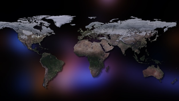 Representación 3D del mapa del planeta tierra con continentes y océanos