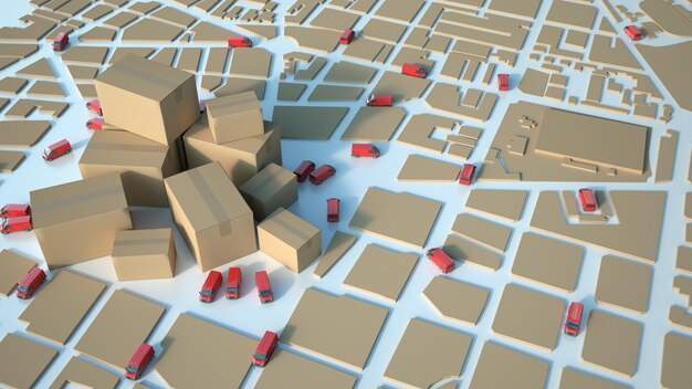 Representación 3D de un mapa texturizado de cartón con camiones rojos circulando y un montón de cartones
