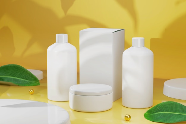 Representación 3D maqueta de envase cosmético Conjunto de botella cosmética Paquete de producto de belleza natural decorar