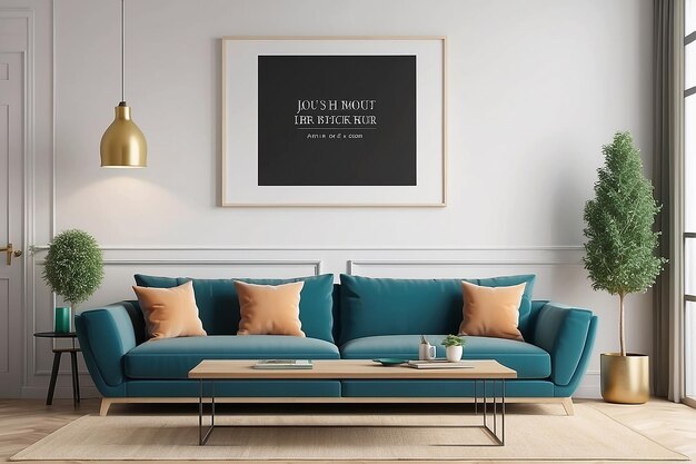 Foto representación 3d de la maqueta de marco en la sala de estar con sofá
