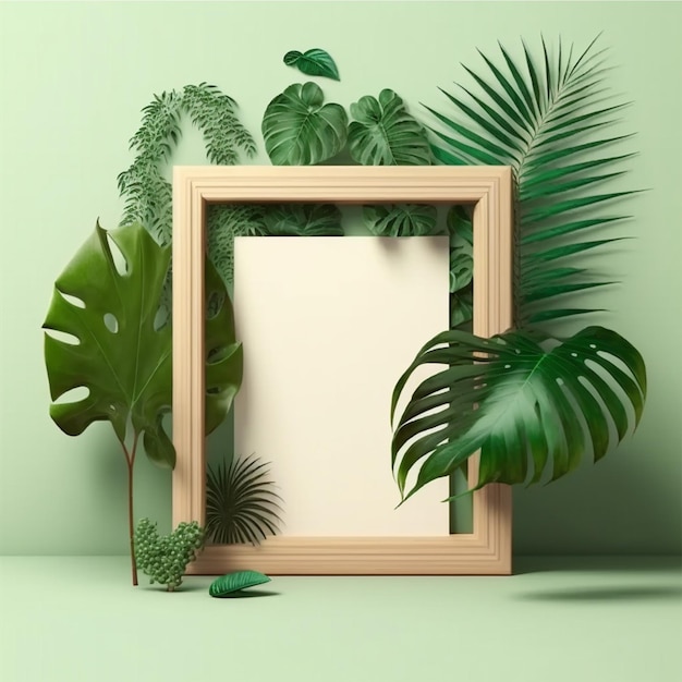 Representación 3d de un marco de madera con una imagen en blanco colgada en una pared beige cerca de una planta verde exótica