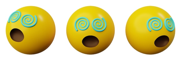 Representación 3d mareada con emoji de cara de ojos en espiral o interfaz de usuario creativa de emoticon de bola amarilla