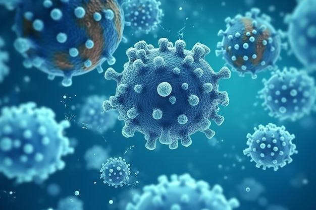 Representación 3D de un médico con células virales bacterias Múltiples partículas de coronavirus realistas flotando