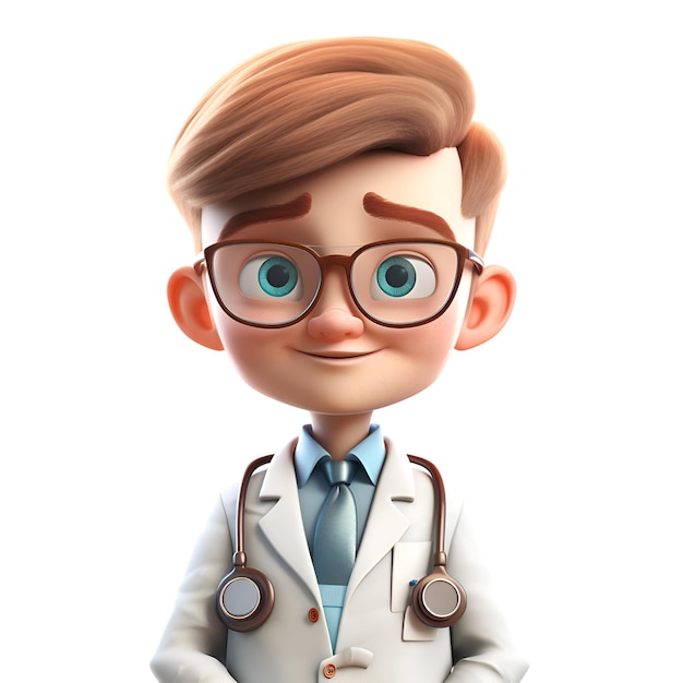 Representación 3D de un médico con gafas y un estetoscopio