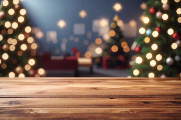 Representación 3D de una mesa de madera sobre un fondo de árbol de Navidad desenfocado