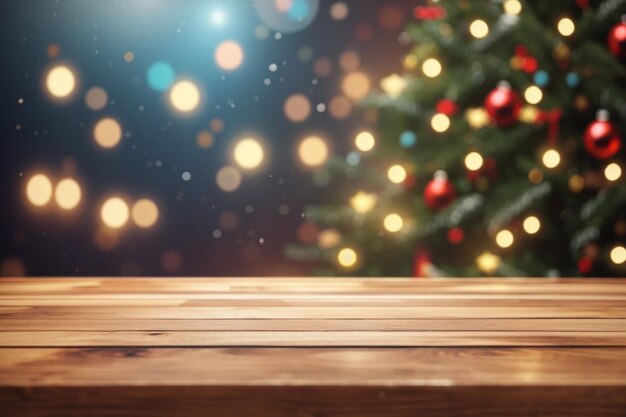 Representación 3D de una mesa de madera sobre un fondo de árbol de Navidad desenfocado