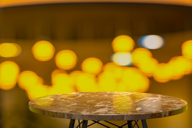 Representación 3D, mesa de mármol vacía para exhibir productos frente al restaurante