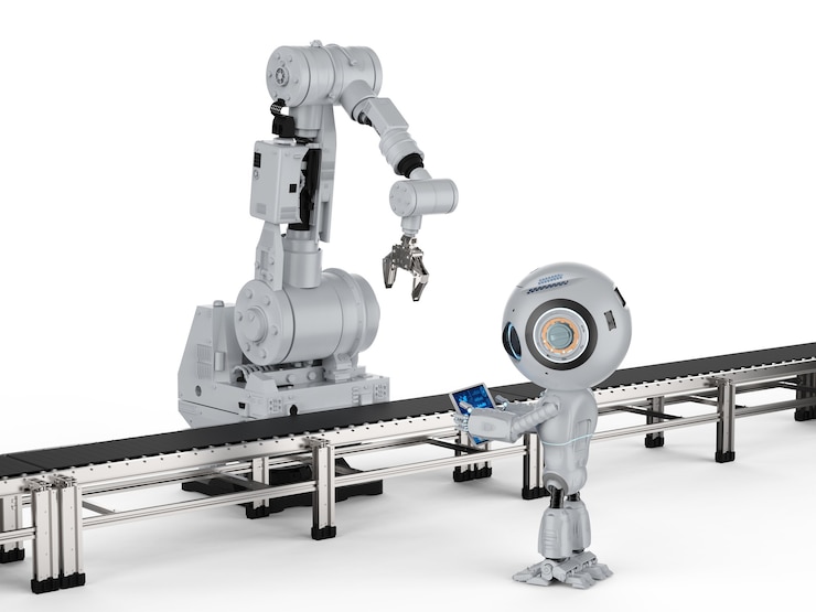 Foto representación 3d de mini robot con brazo robótico sobre fondo blanco.