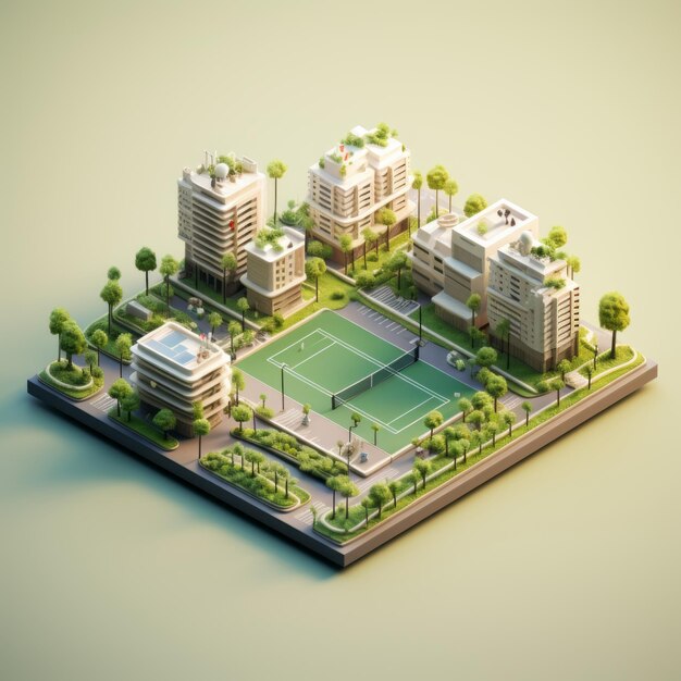 Representación 3D de la miniatur isométrica de la ciudad de la cancha de tenis