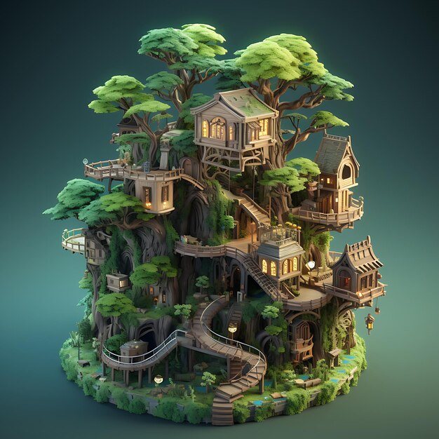 Representación 3D de la miniatura isométrica de la ciudad de la casa del árbol