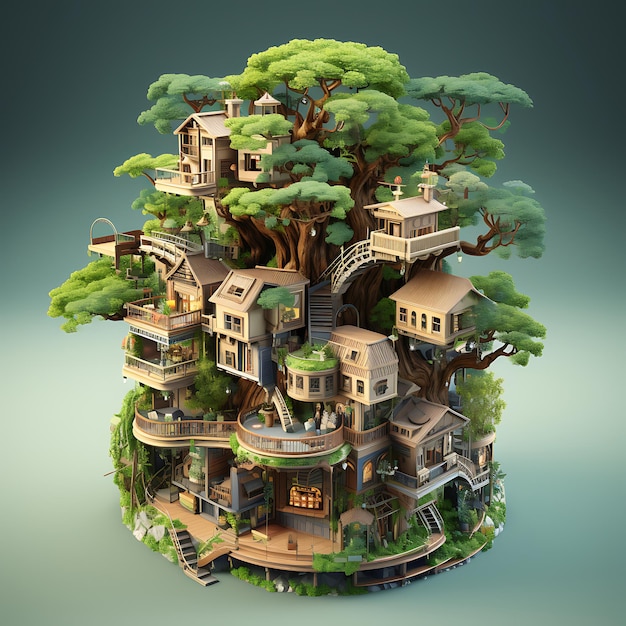 Representación 3D de la miniatura isométrica de la ciudad de la casa del árbol