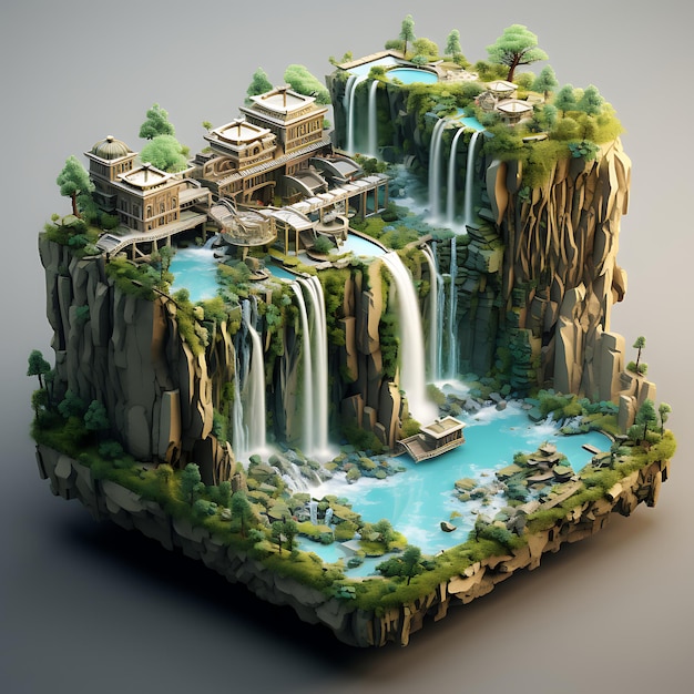 Representación 3D de la miniatura isométrica de la ciudad en cascada