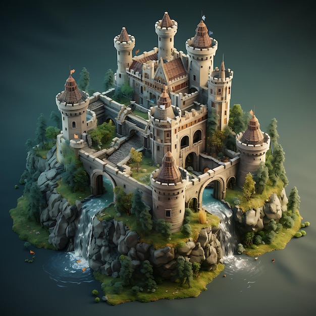 Representación 3D de la miniatura isométrica de la ciudad del castillo