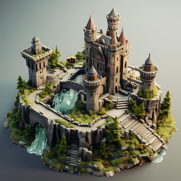 Representación 3D de la miniatura isométrica de la ciudad del castillo