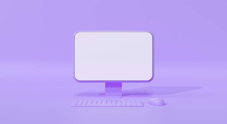 Foto representación 3d mínima del fondo púrpura de la pantalla de la computadora portátil con el mouse del teclado