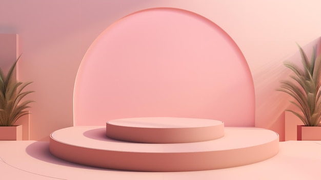 Una representación 3D minimalista con una plataforma vacía rosa y formas geométricas en un esquema de colores rosa IA generativa