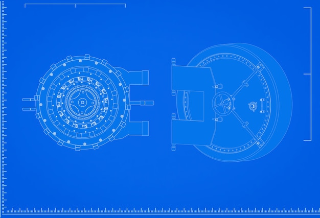 Representación 3D modelo de bóveda de banco con escala sobre fondo azul.