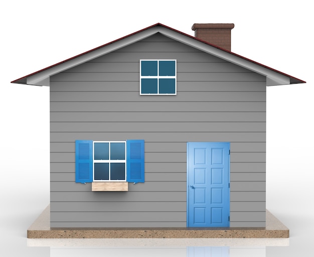 Representación 3d modelo de casa gris con ventana azul y puerta azul