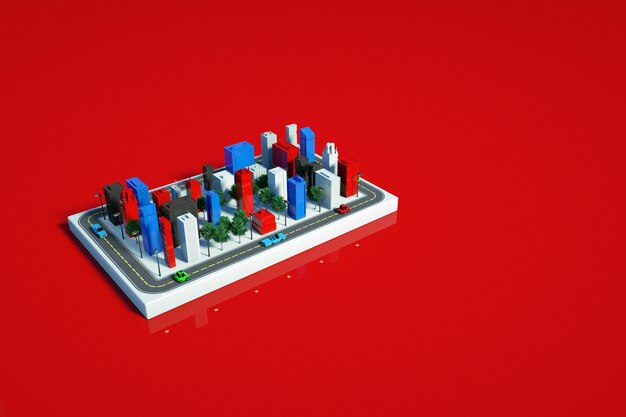 Representación 3D del modelo de ciudad. Gráficos 3D de rascacielos de la ciudad en el panel. Modelo aislado de torres sobre un fondo rojo.